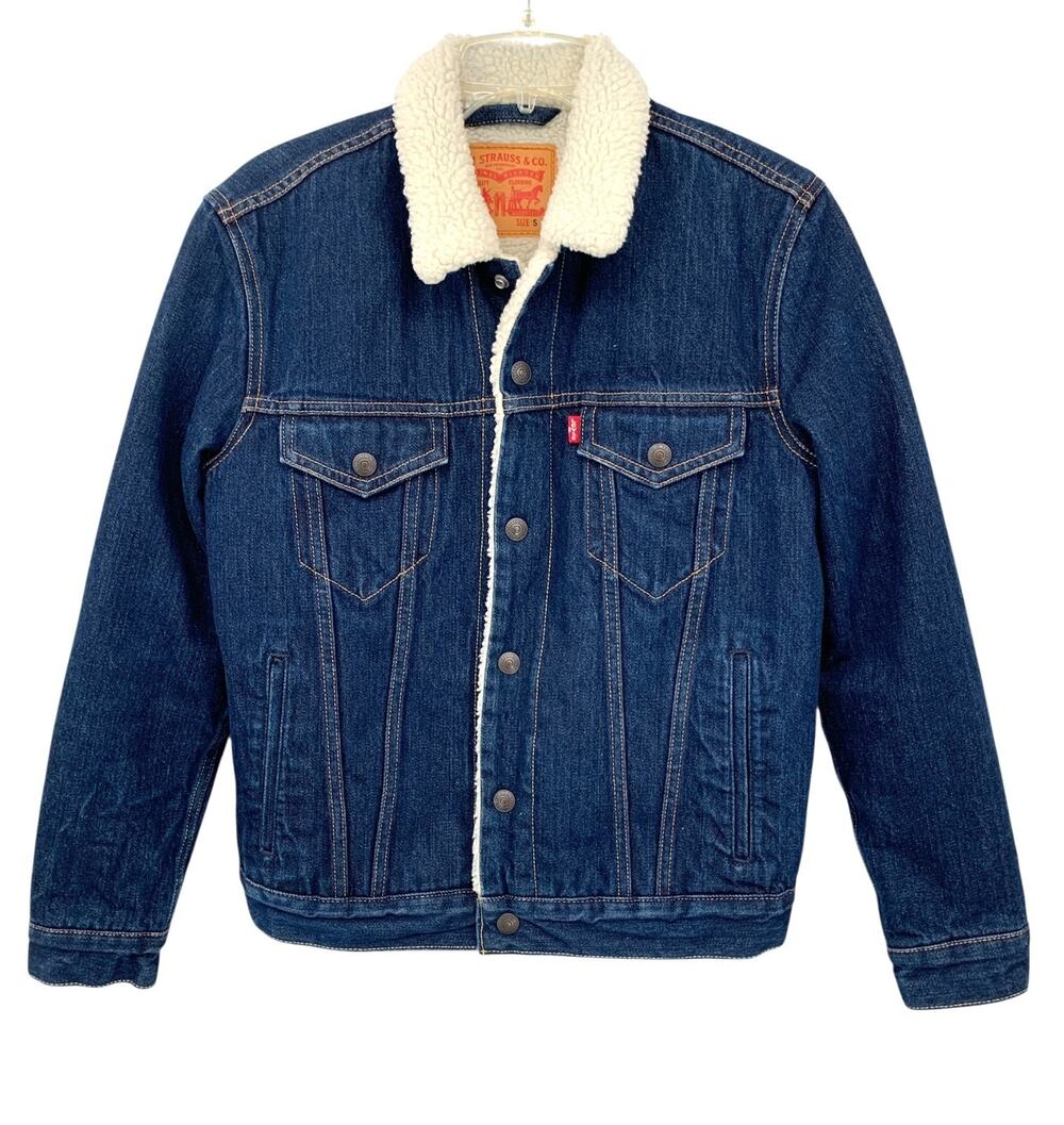 Levi’s Sherpa Trucker Jacket Snap Front Dark Wash Denim Lined Size Small